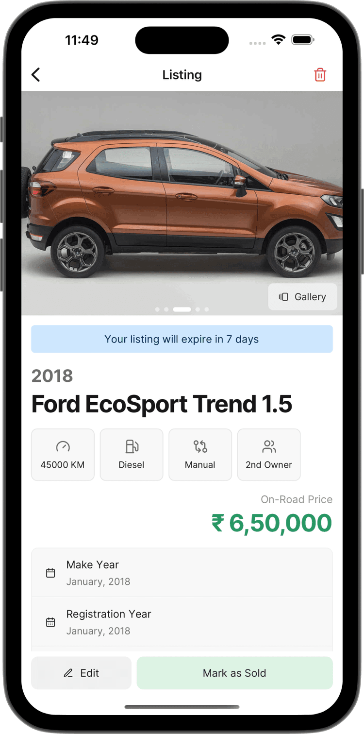 Screenshot of screen on mobile showing a car listing